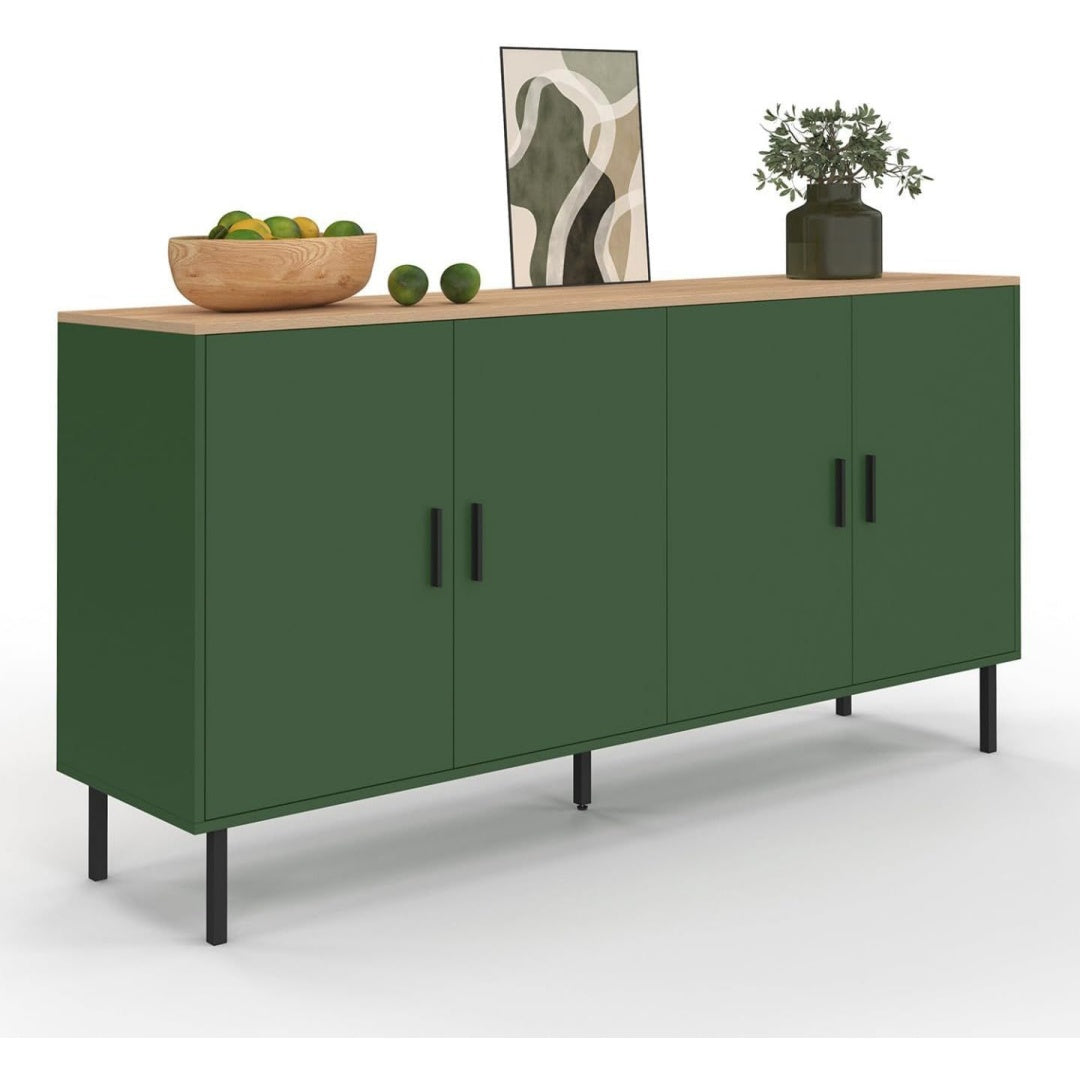 Pour un interieur harmonieux, buffet avec portes, aux accents metalliques en finition noir et bois naturel