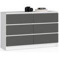 Une silhouette equilibree pour ce commode avec tiroirs, aux accents metalliques, teinte blanc et gris