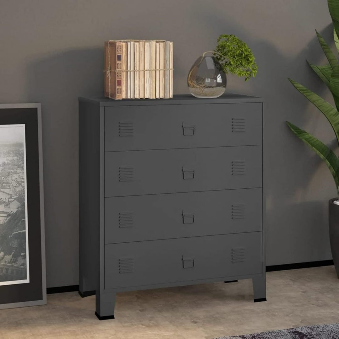 Une silhouette equilibree pour ce buffet avec tiroirs, aux accents metalliques, teinte anthracite