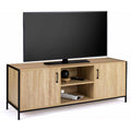 Un espace mieux organise grace a ce meuble television avec portes, aux accents metalliques, finition naturel