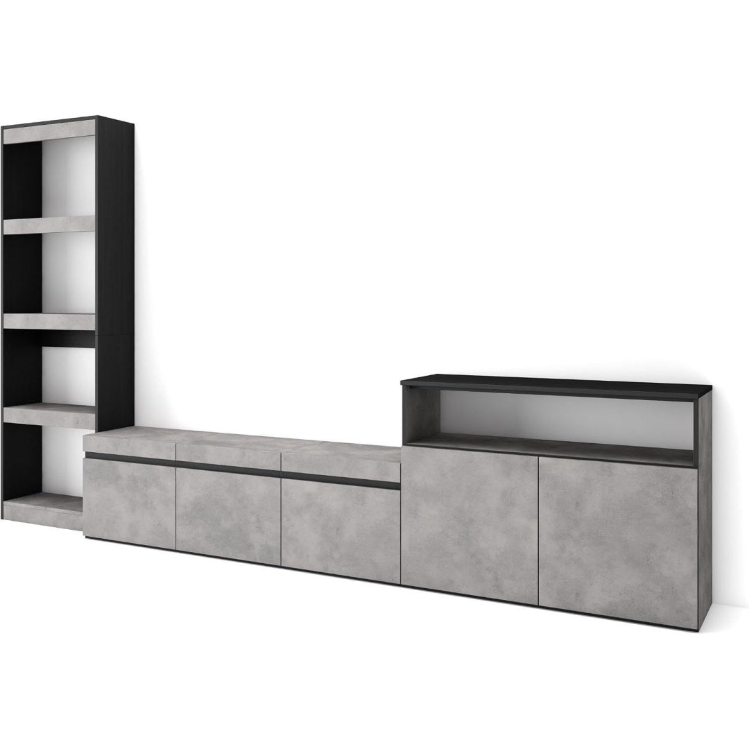 Le charme du rangement avec ce buffet avec portes, avec etageres, coloris noir et bois naturel
