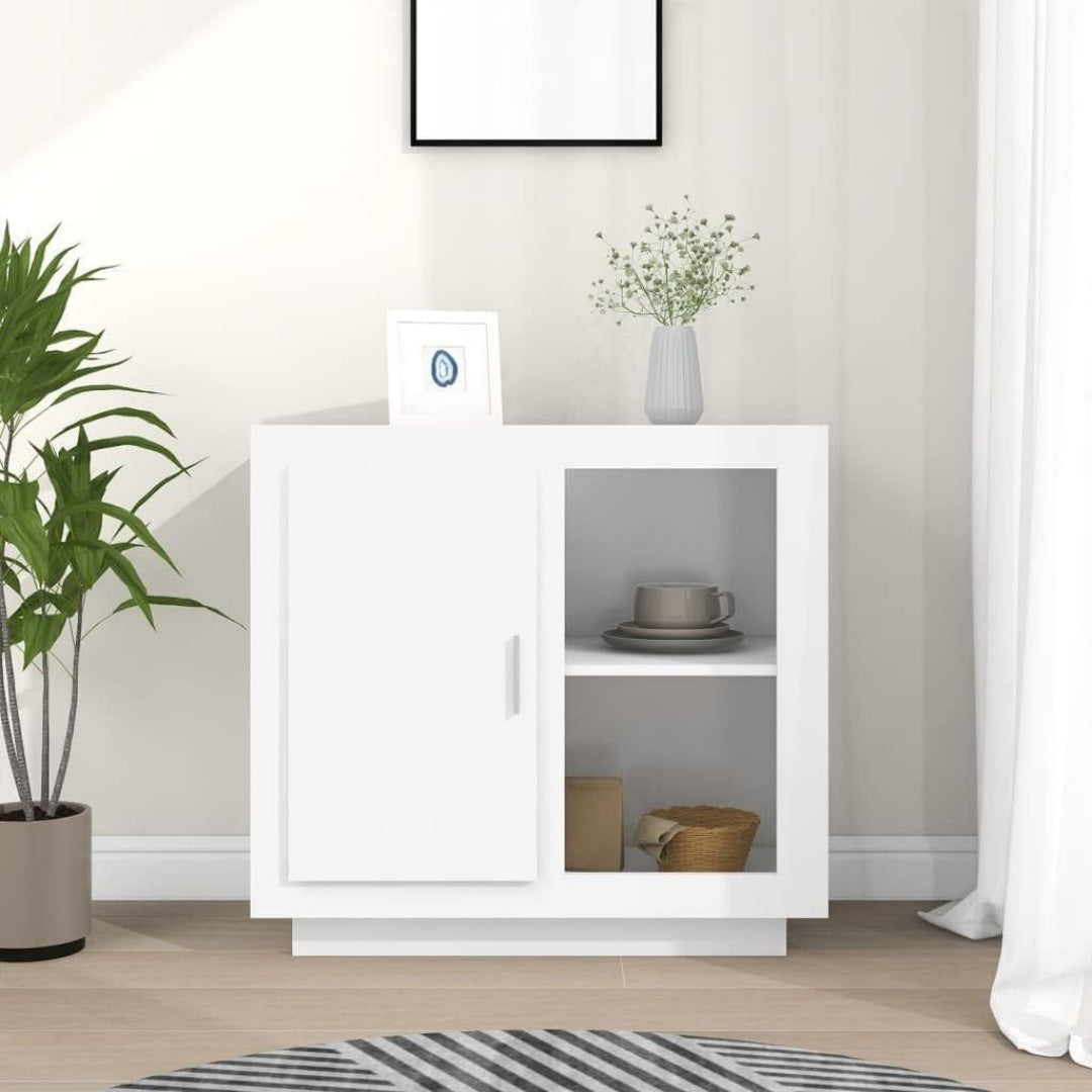 Une silhouette equilibree pour ce buffet avec etageres, a l'aspect bois, teinte blanc et bois naturel