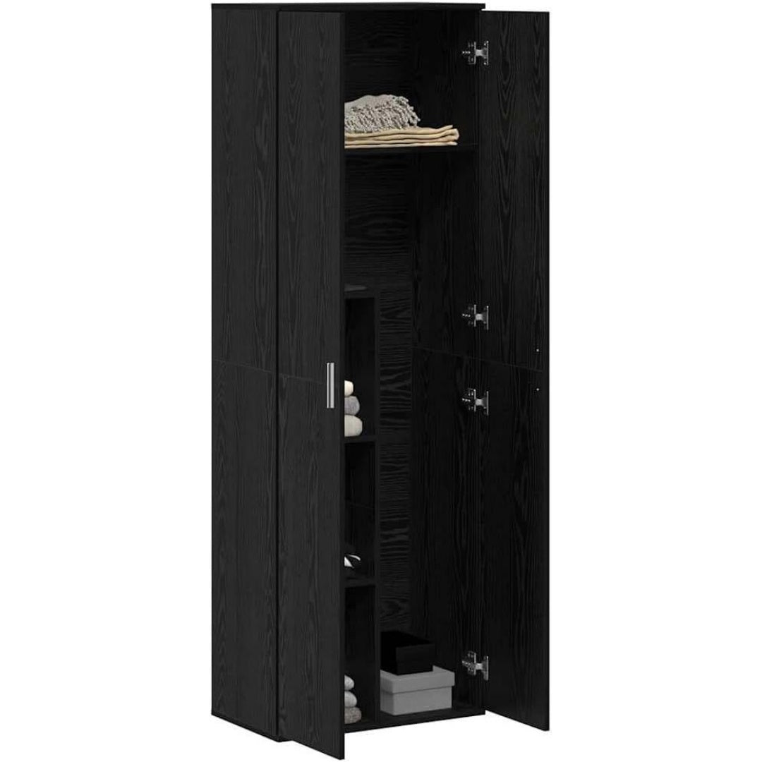 Une silhouette equilibree pour ce buffet avec portes, avec etageres, teinte noir et chene