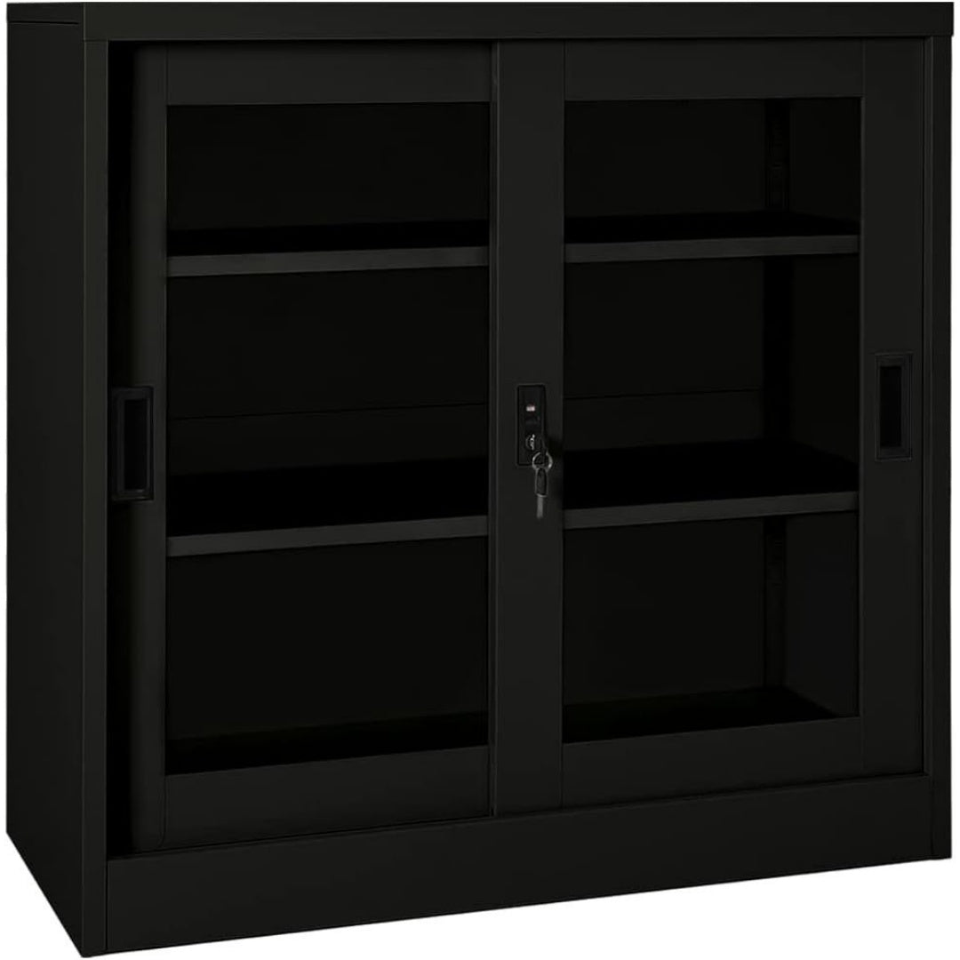 Une silhouette equilibree pour ce bibliotheque avec portes, avec etageres, teinte noir et vert