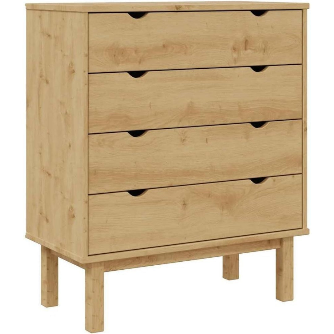 Une silhouette equilibree pour ce commode avec tiroirs, a l'aspect bois, teinte naturel et bois naturel