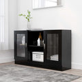 Un espace mieux organise grace a ce buffet avec elements vitres, a l'aspect bois, finition noir et bois naturel