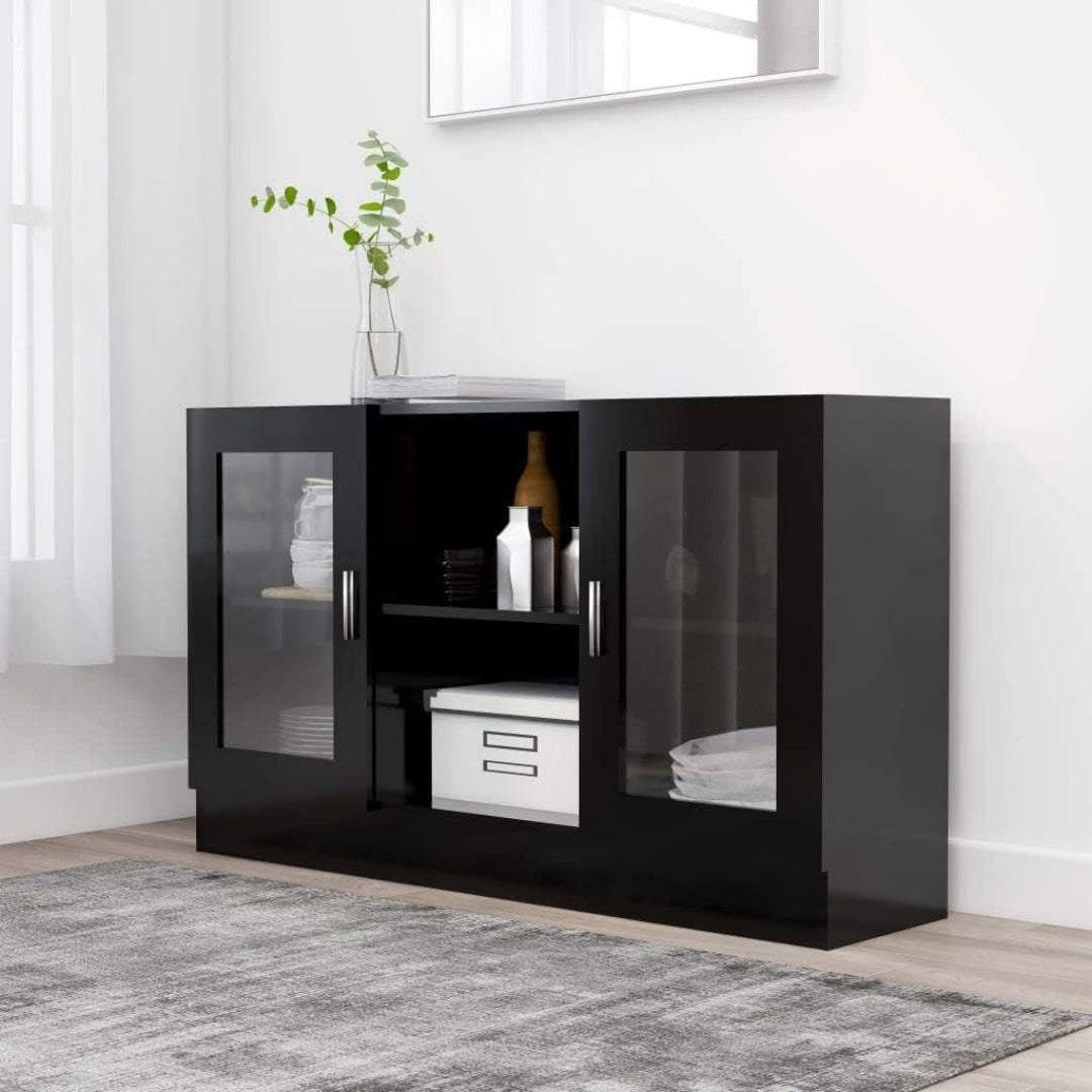 Un espace mieux organise grace a ce buffet avec elements vitres, a l'aspect bois, finition noir et bois naturel