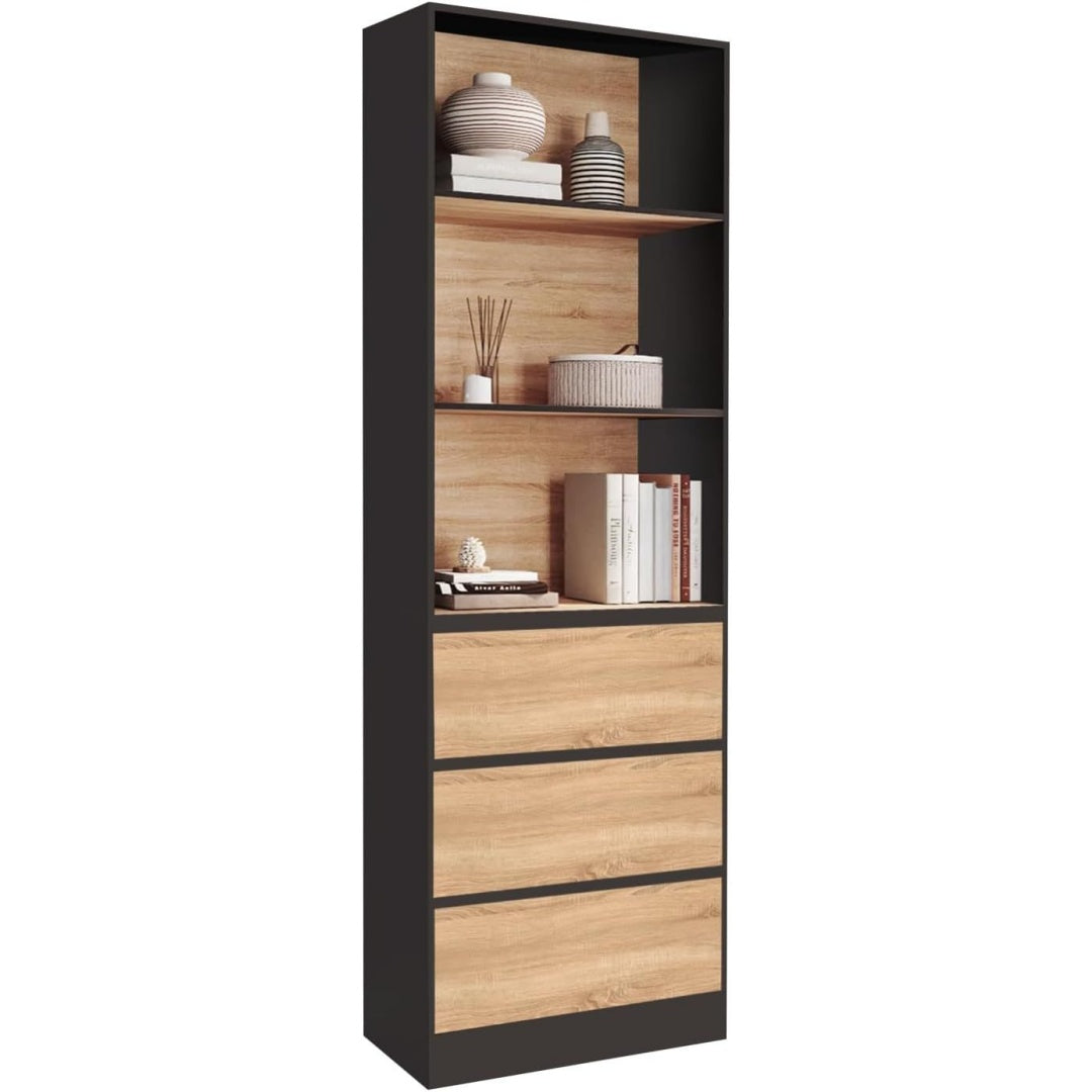 Le charme du rangement avec ce commode avec tiroirs, avec etageres, coloris noir et bois naturel