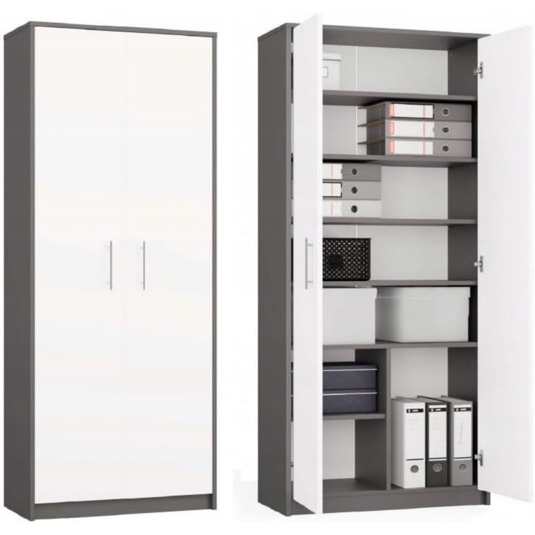 Pour un interieur harmonieux, bibliotheque avec portes, avec etageres en finition blanc et anthracite