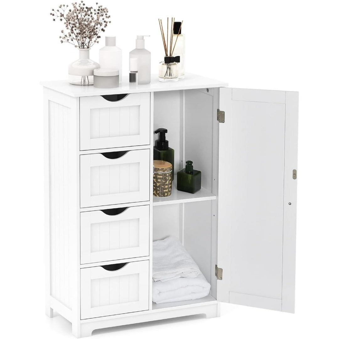 Un espace mieux organise grace a ce commode avec tiroirs, avec portes, finition blanc