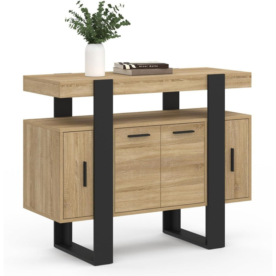 Pour un interieur harmonieux, buffet avec portes, avec etageres en finition noir et naturel