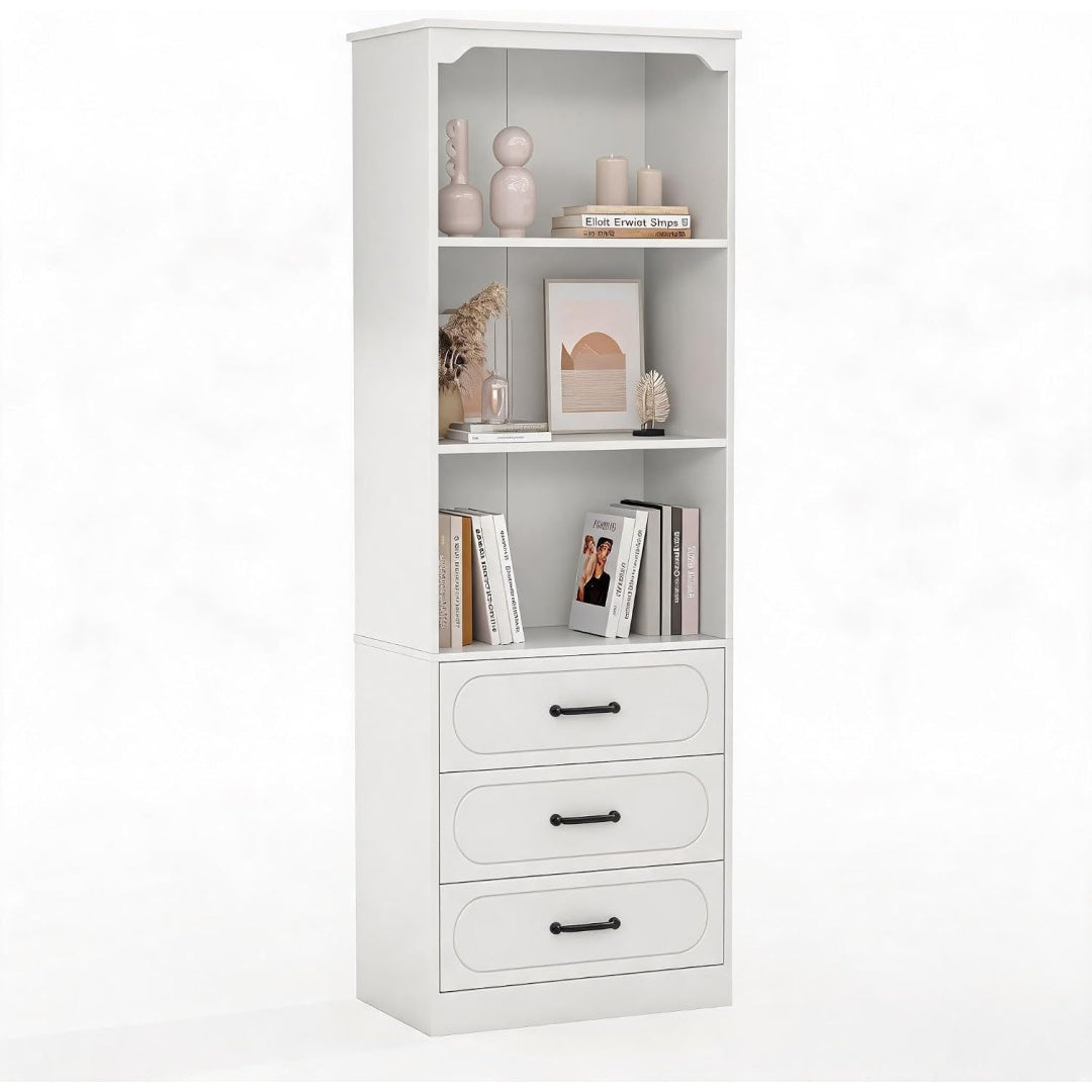 Un espace mieux organise grace a ce commode avec tiroirs, avec etageres, finition blanc et bois naturel