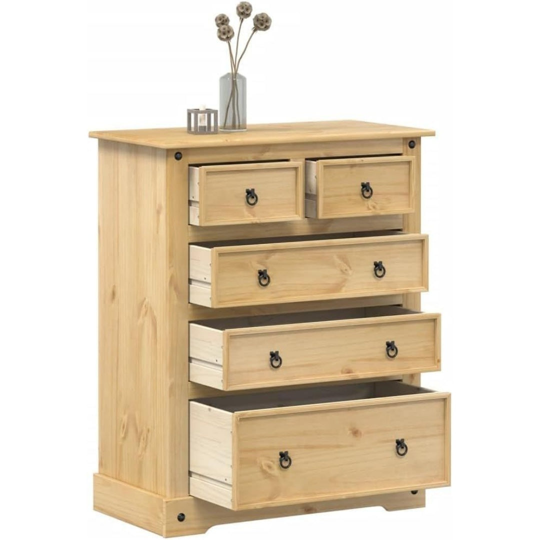 Une silhouette equilibree pour ce buffet avec tiroirs, aux accents metalliques, teinte bois naturel et vert