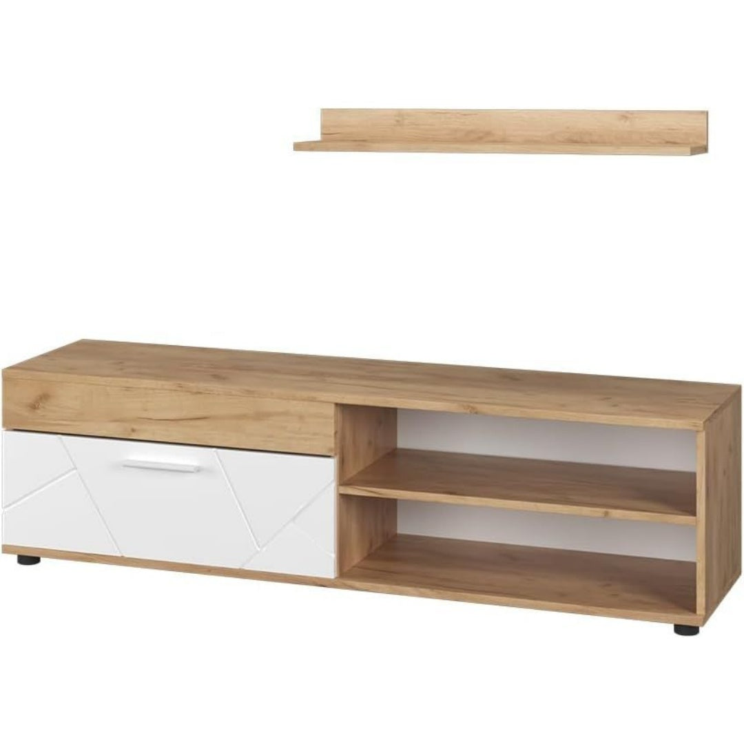 Une silhouette equilibree pour ce buffet avec etageres, aux lignes contemporaines, teinte blanc et chene