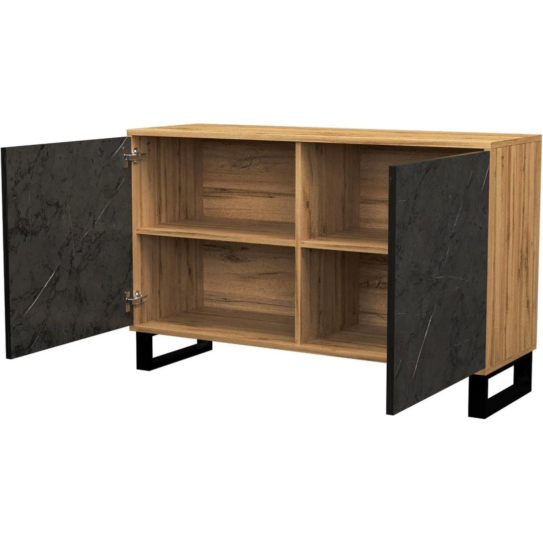 Le charme du rangement avec ce buffet avec portes, avec etageres, coloris noir et chene