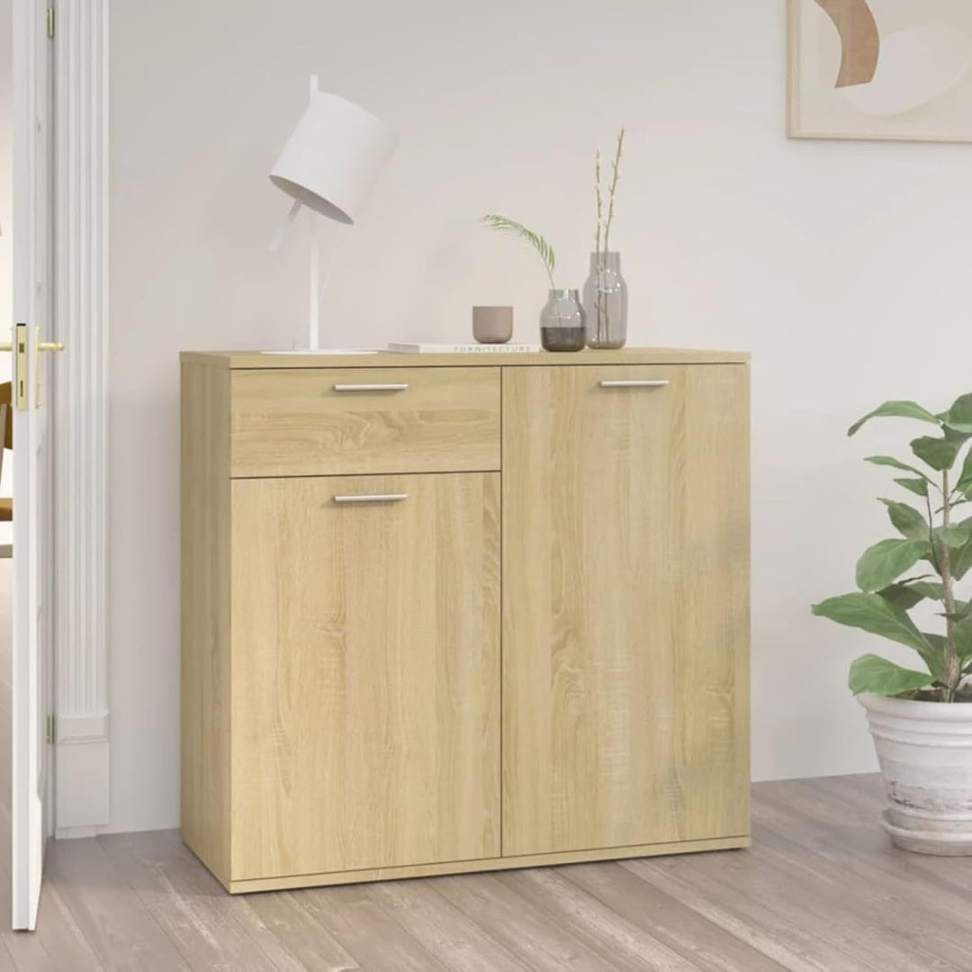 Une silhouette equilibree pour ce buffet avec tiroirs, avec portes, teinte chene