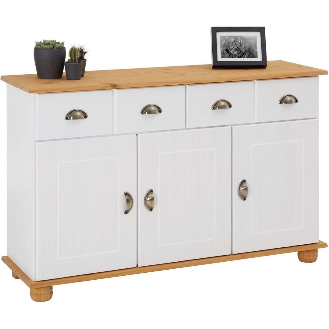Pour un interieur harmonieux, buffet avec tiroirs, avec portes en finition blanc et naturel