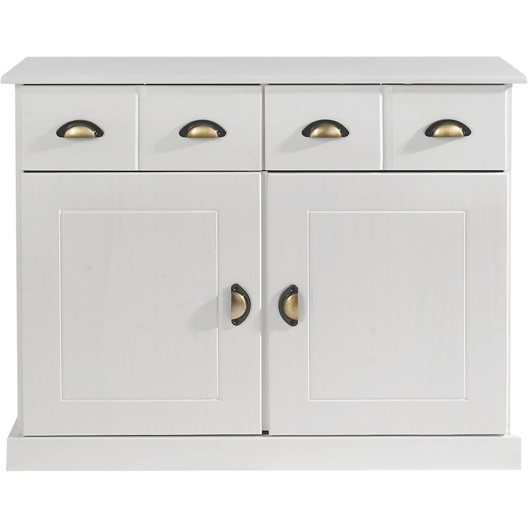 Le charme du rangement avec ce buffet avec tiroirs, avec portes, coloris blanc et bois naturel
