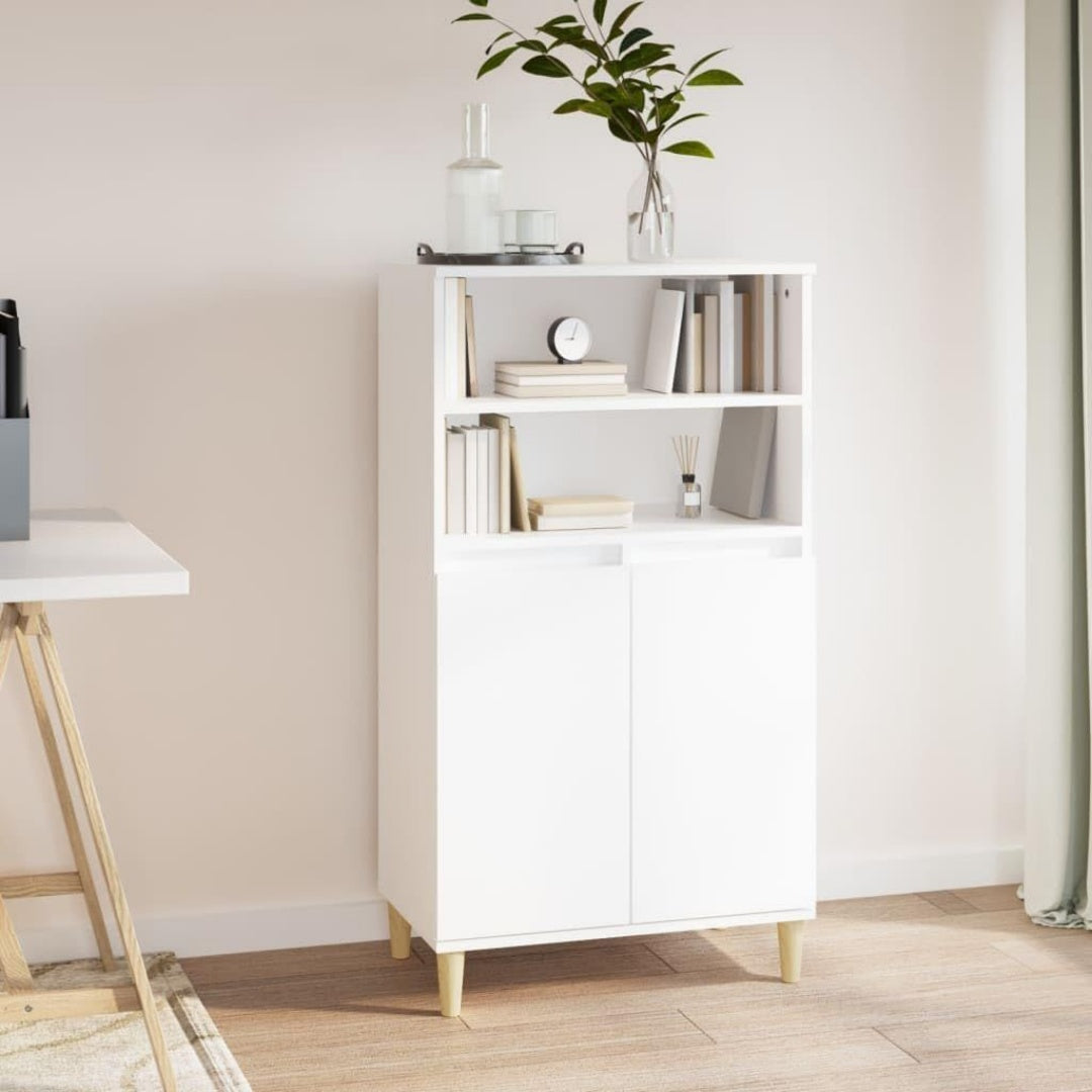 Un espace mieux organise grace a ce buffet avec tiroirs, avec portes, finition blanc et naturel