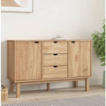 Un espace mieux organise grace a ce buffet avec tiroirs, avec portes, finition marron et naturel