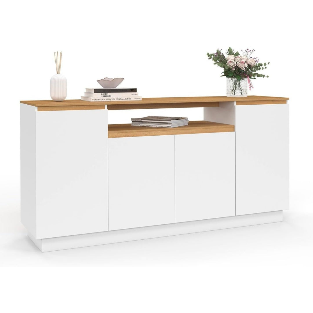 Le charme du rangement avec ce buffet avec portes, a l'aspect bois, coloris blanc et naturel
