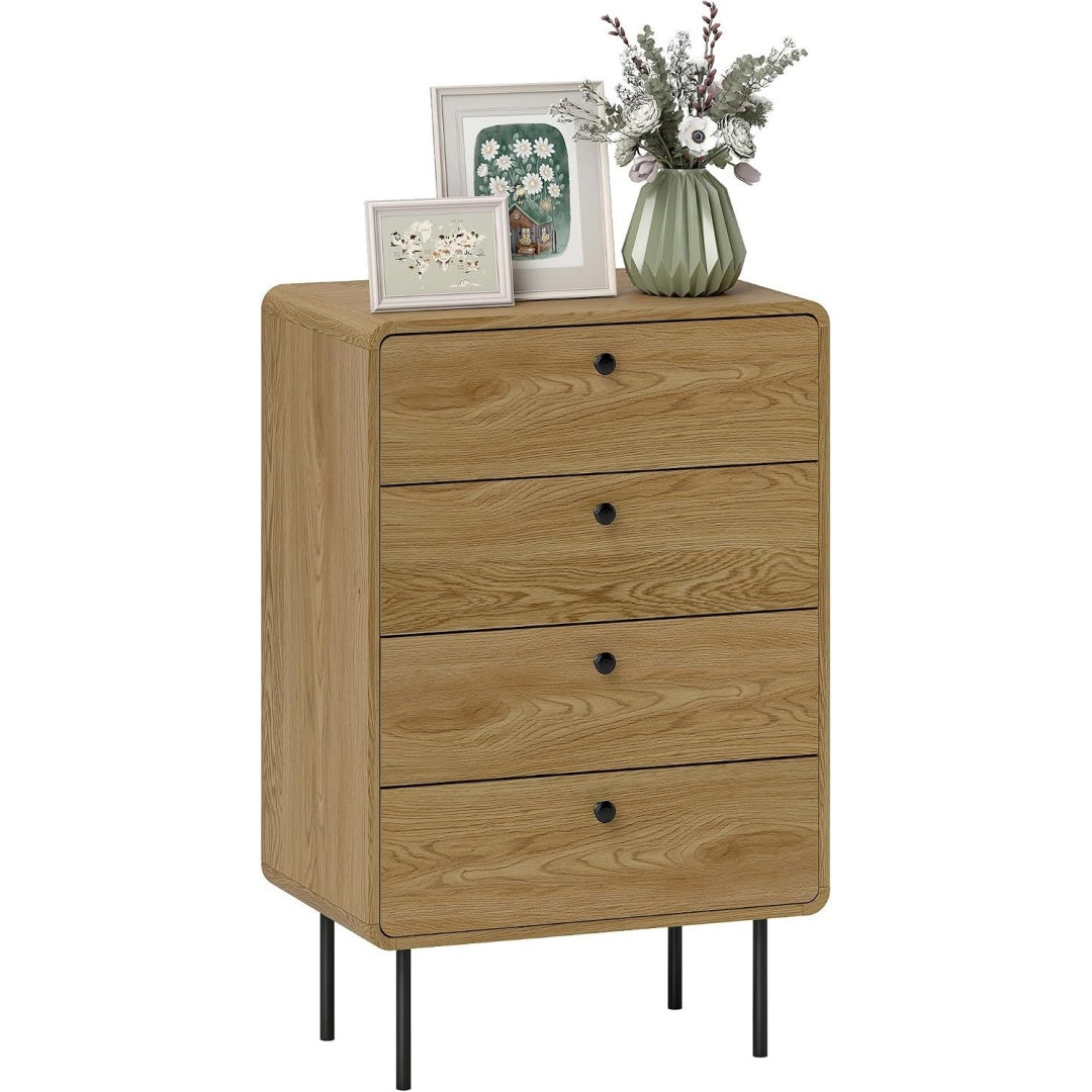 Le charme du rangement avec ce commode avec tiroirs, a l'aspect bois, coloris noir et chene
