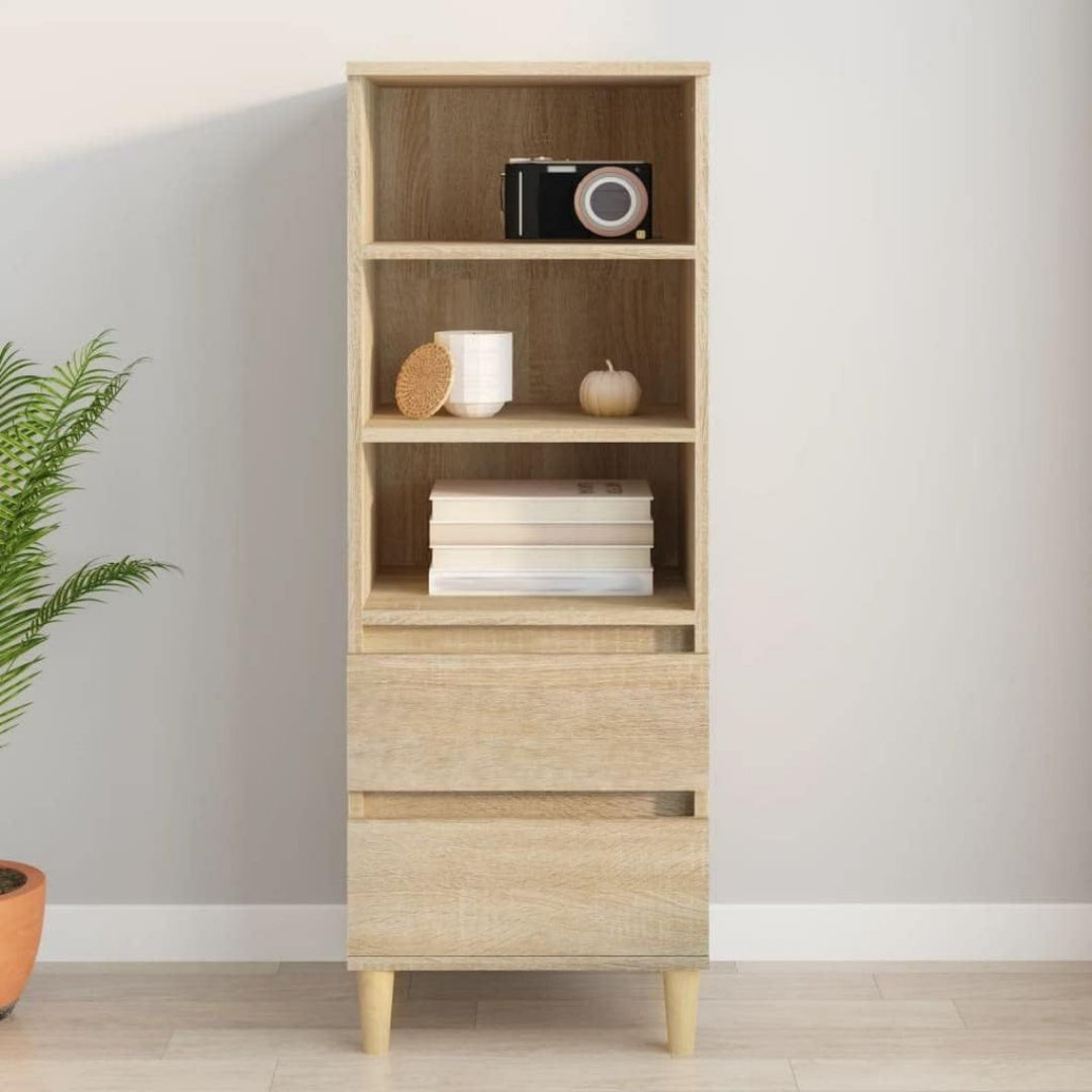 Une silhouette equilibree pour ce buffet avec tiroirs, avec etageres, teinte chene et naturel